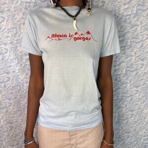 Soft blue 90s “Ithaca is Gorges” / “I heart orogenies” NY t-shirt with red text